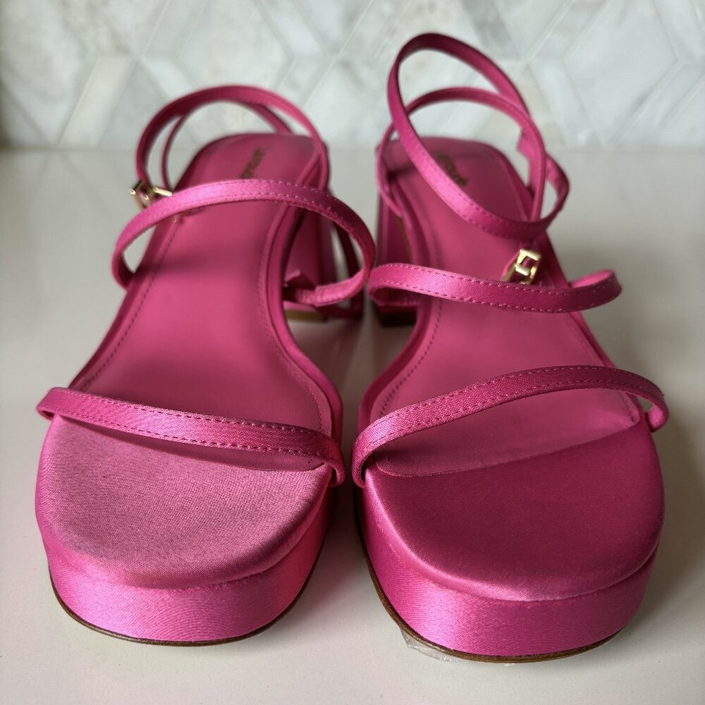 Larroude Size 9 Hot Pink Strappy Platform Block Heel Sandal Gio Sandal Satin - Picture 2 of 12